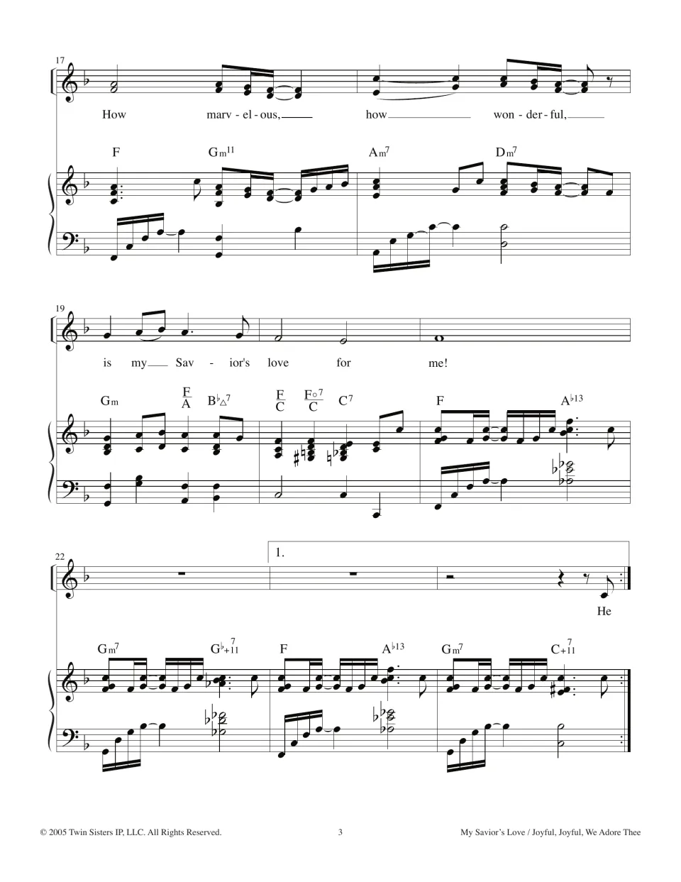 Refrain, measures 17-24: 'How marvelous, how wonderful is my Savior's love for me!' with piano part and a first ending