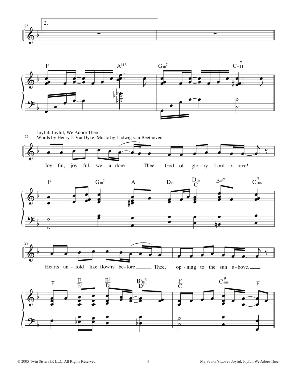 Second ending piano bars, then Beethoven's Joyful, Joyful, We Adore Thee begins with 'Hearts unfold like flow'rs' lyrics