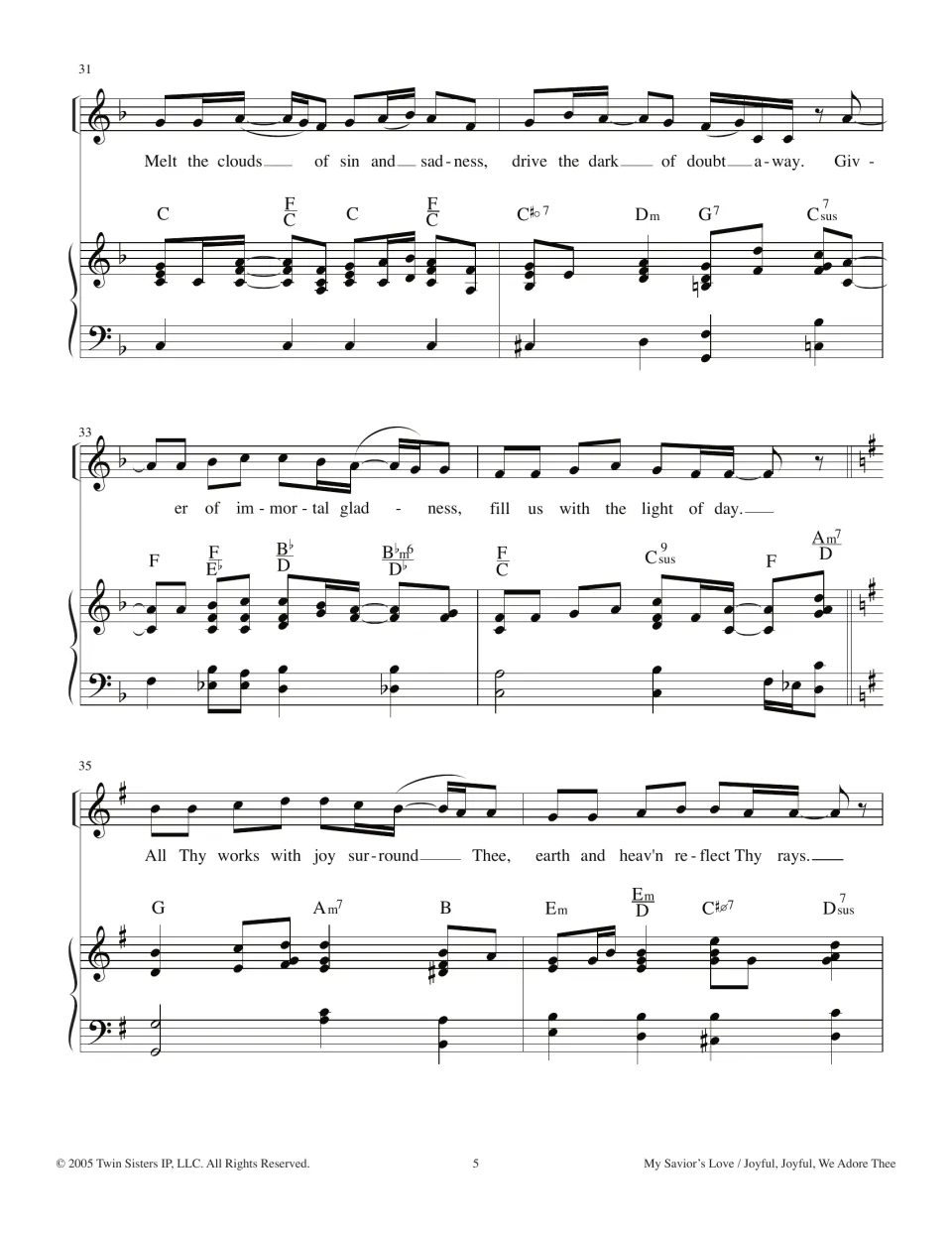 Joyful, Joyful verse, measures 31-36: 'Melt the clouds of sin and sadness', then a key change from F to G major