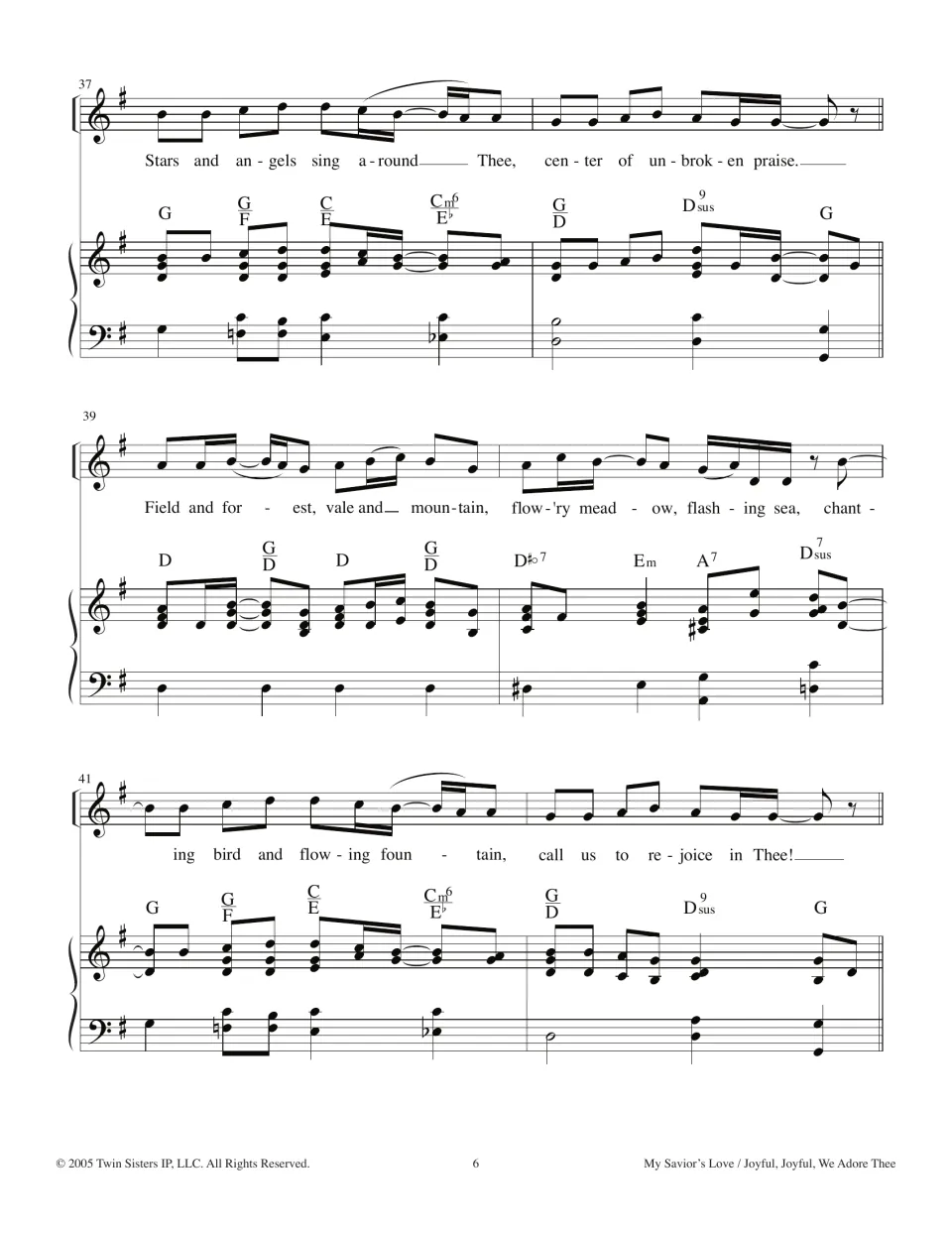 Joyful, Joyful in G, measures 37-42: 'Stars and angels sing around Thee' and 'Field and forest' lyrics with piano chords