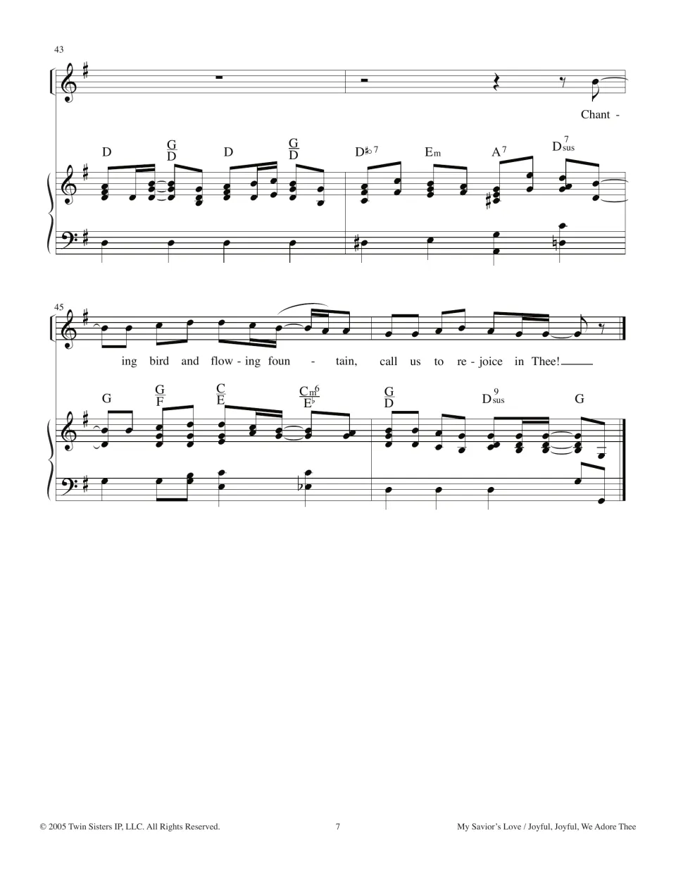 Final measures 43-48: piano interlude, then a repeated 'chanting bird and flowing fountain, call us to rejoice in Thee!'