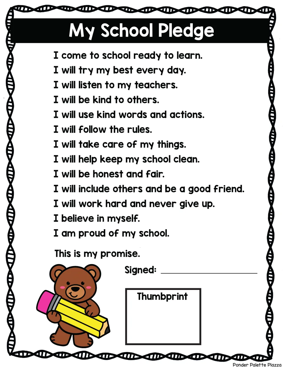 School pledge: students read 13 promises about kindness, effort and following rules, then sign and add a thumbprint