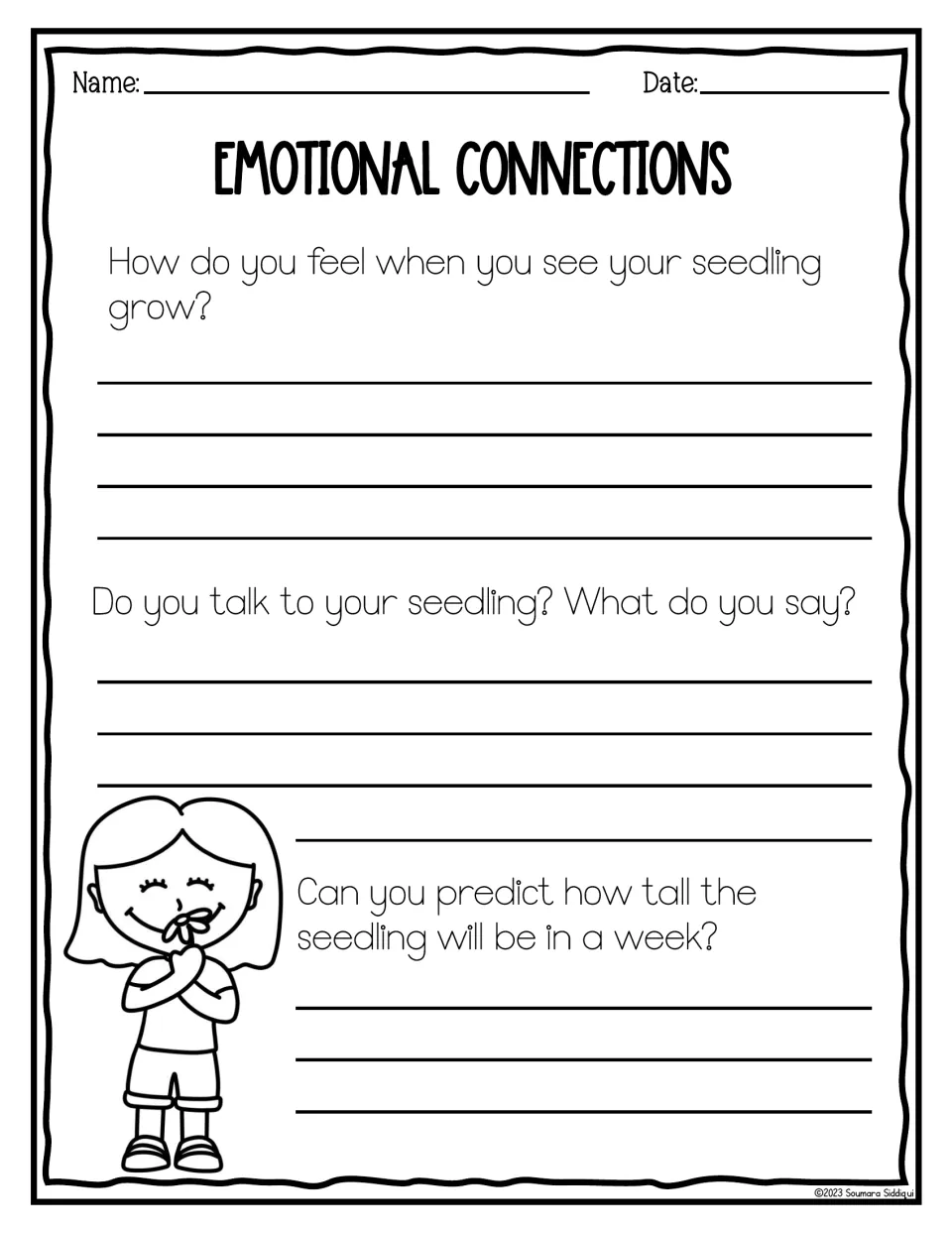 Emotional connections: students write how they feel watching the seedling grow and predict its height in a week