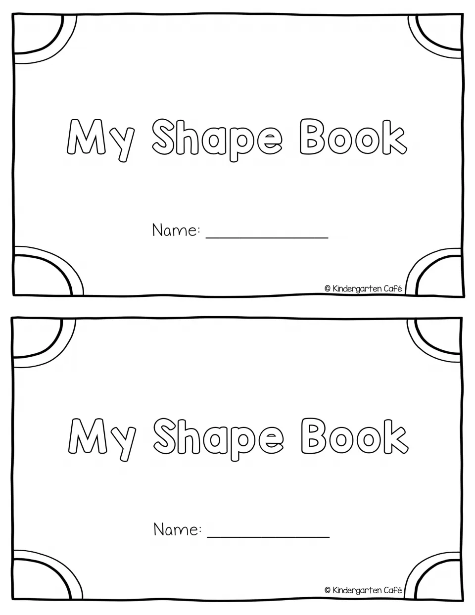 My Shape Book booklet cover: two half-page copies with a name line and outlined title letters students can color