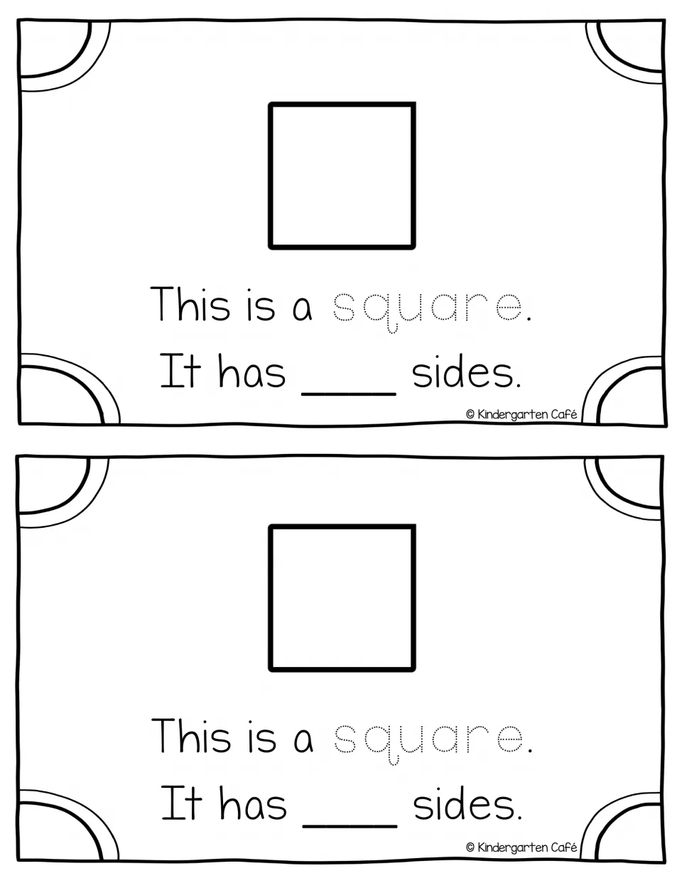 Square booklet page: students trace the word square and write how many sides it has, shown twice per sheet