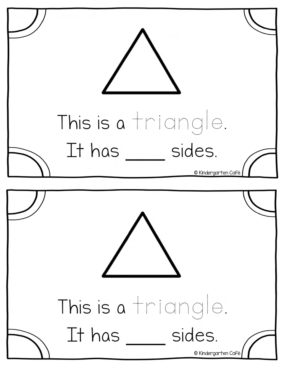 Triangle page: students trace the dotted word triangle and fill in the number of sides, two copies per sheet