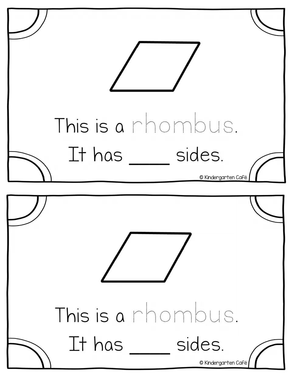 Rhombus page: students trace the word rhombus under a slanted four-sided shape and write its number of sides