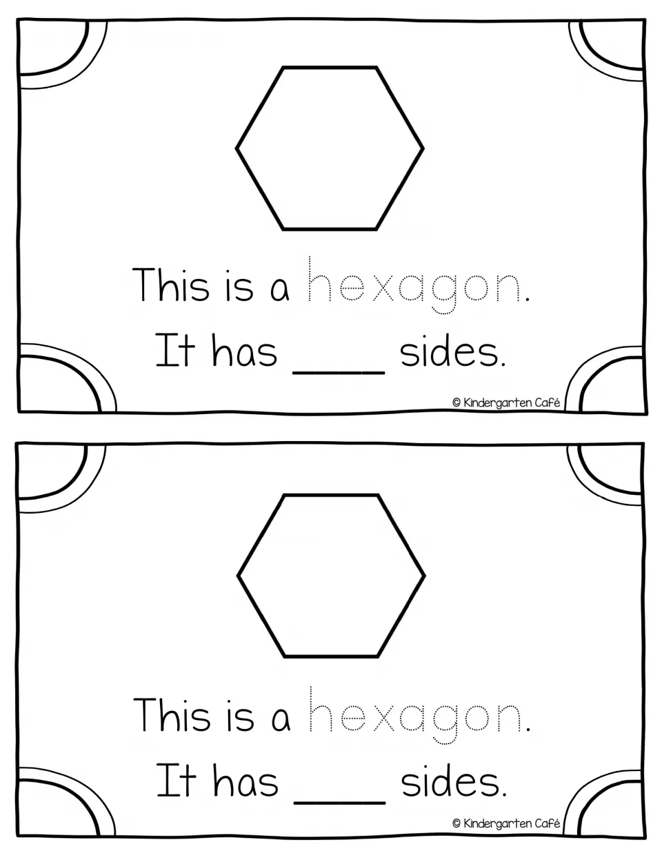 Hexagon page: students trace hexagon in dotted letters, then count and record the sides of the pictured hexagon