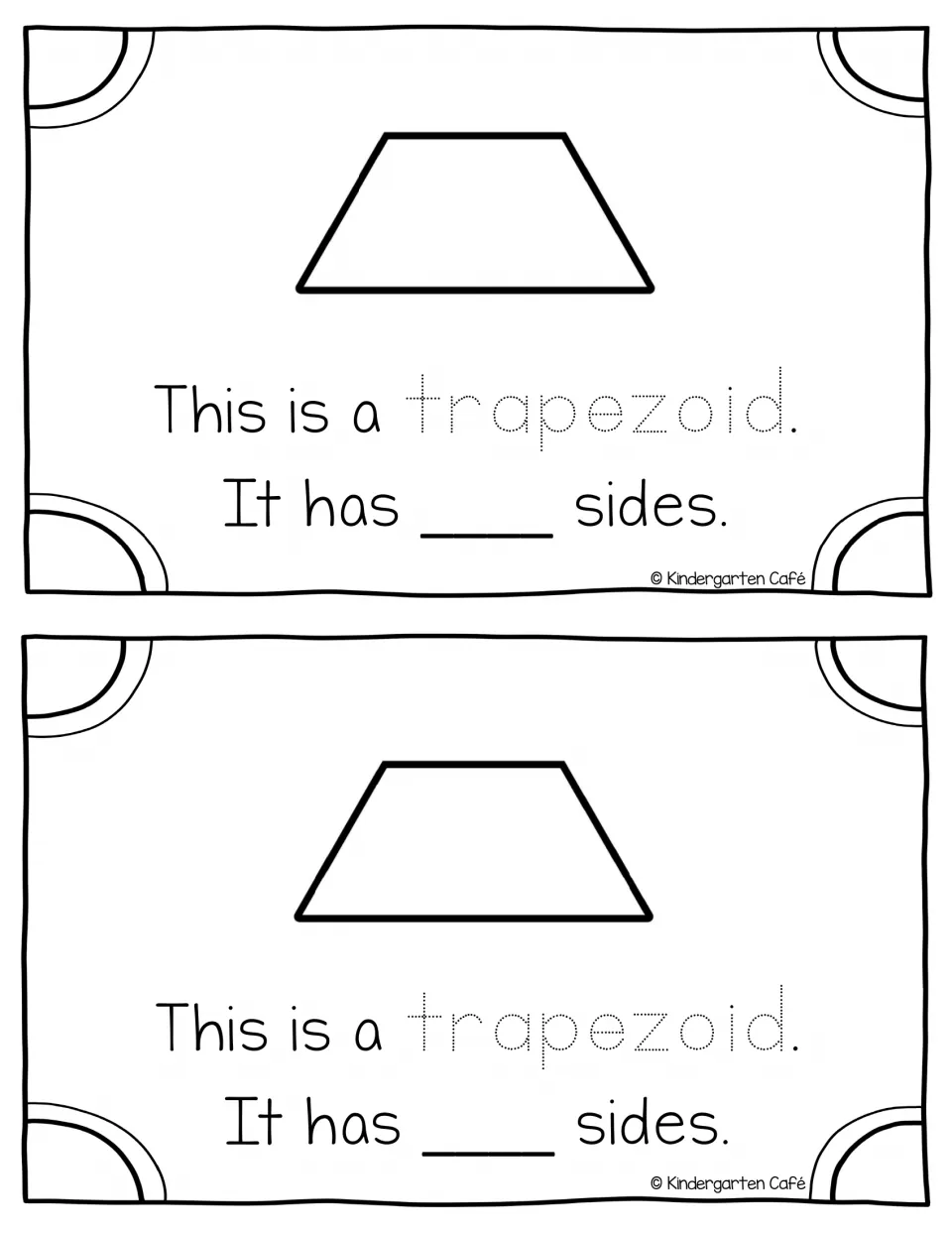 Trapezoid page: students trace the word trapezoid and write how many sides the pictured trapezoid has, two per sheet