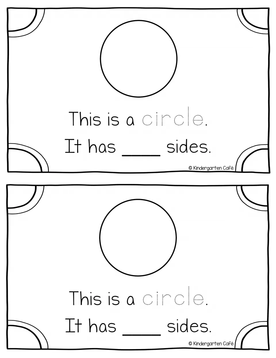 Circle page: students trace the word circle and fill in the sides blank for a round shape, shown twice per sheet