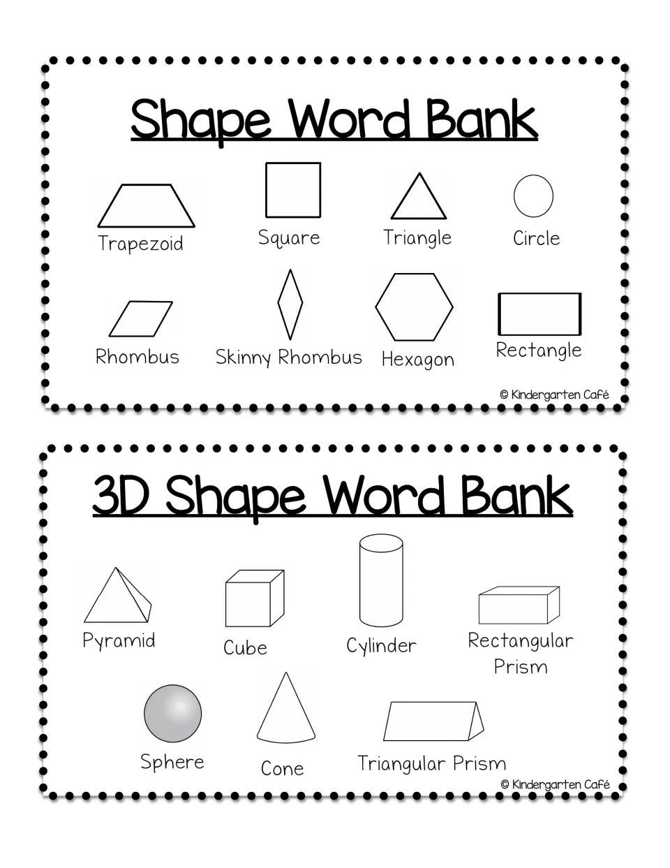 Labeled shape word banks: 2D shapes such as trapezoid and hexagon, 3D shapes such as cube, cone, sphere and pyramid