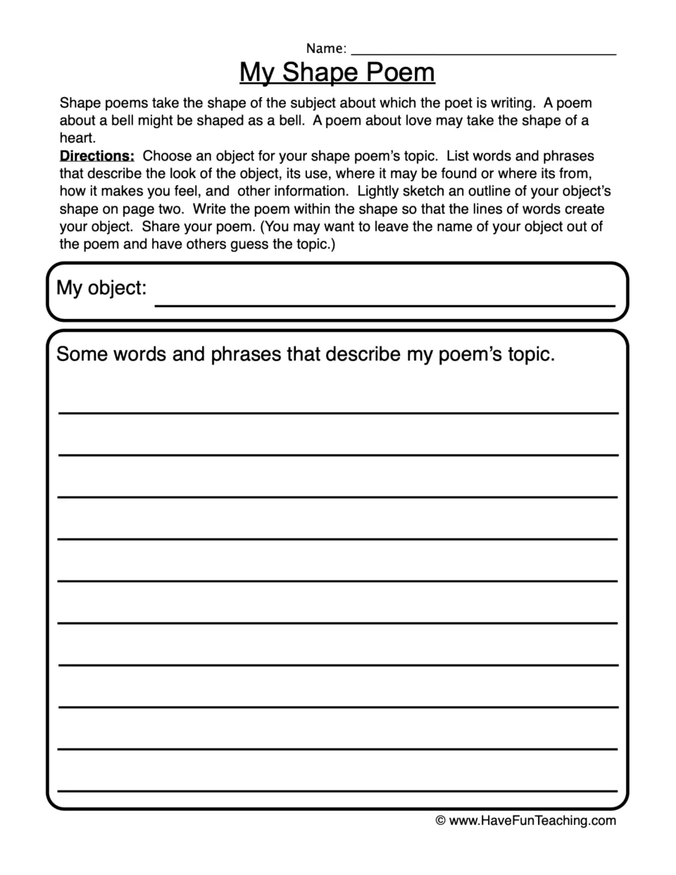 Shape poem planning page: directions to choose an object and list words and phrases describing the topic.