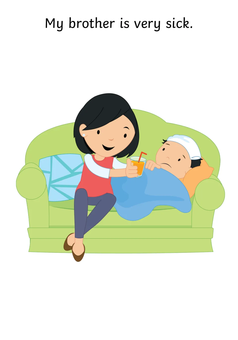 Social story opening: 'My brother is very sick,' illustrated by an adult caring for a child on a couch