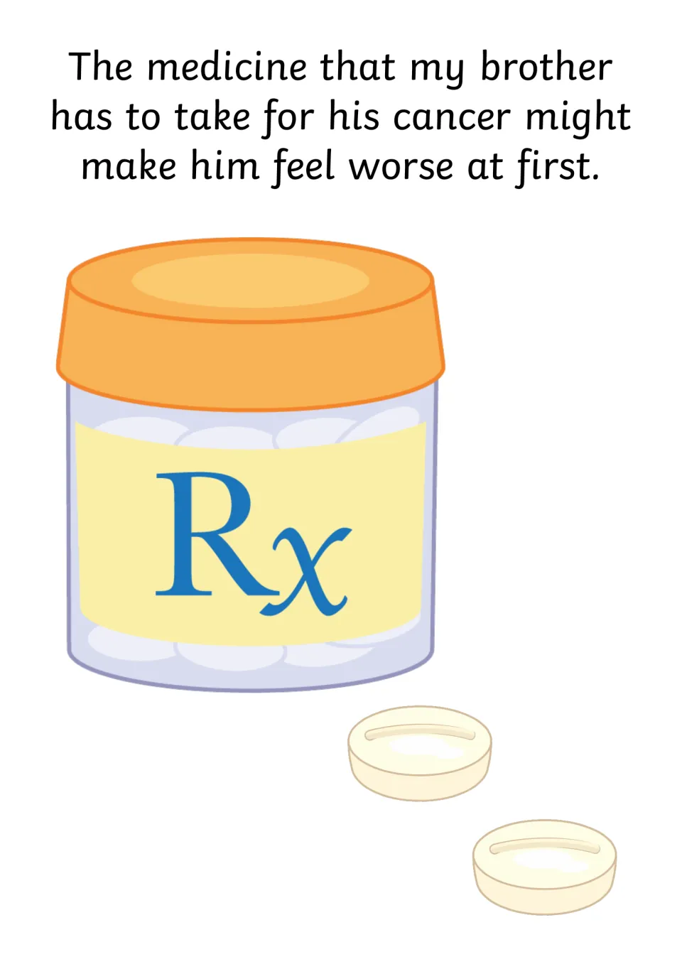 Social story page explaining that the brother's cancer medicine might make him feel worse at first