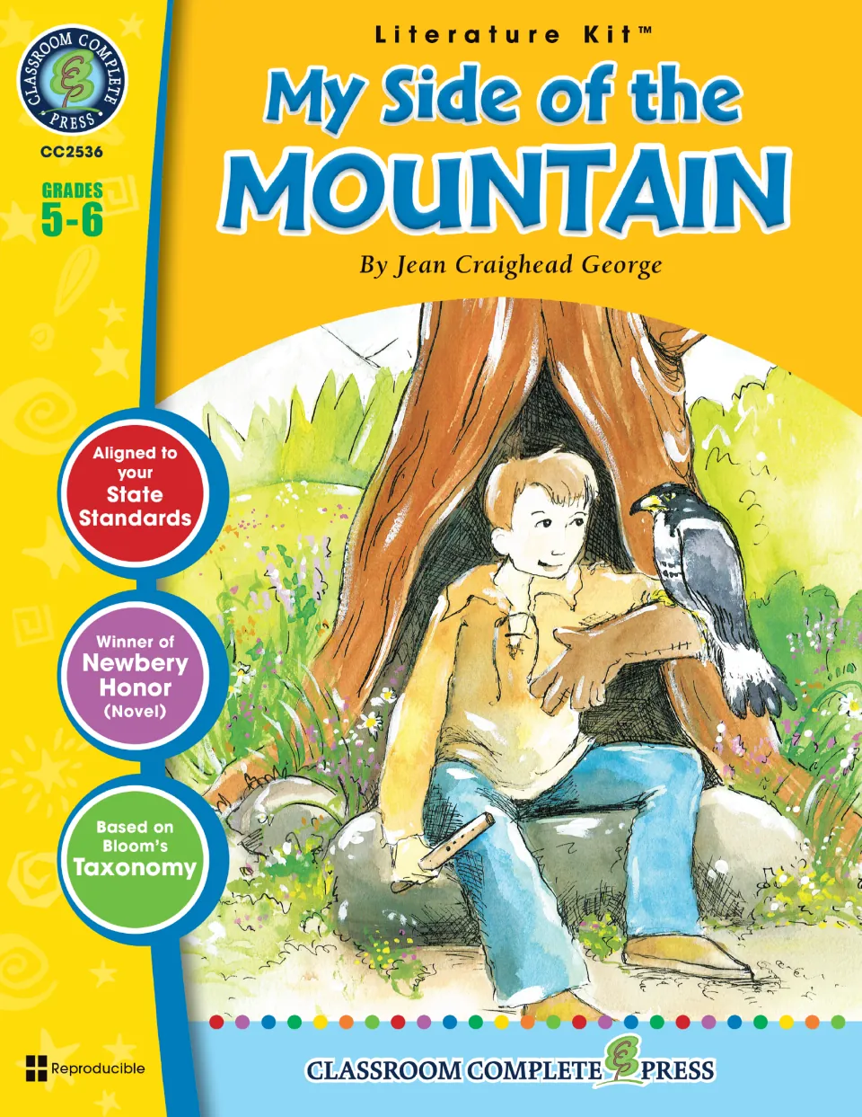 My Side of the Mountain literature kit cover, Grades 5-6, showing Sam with his falcon outside a hollow tree