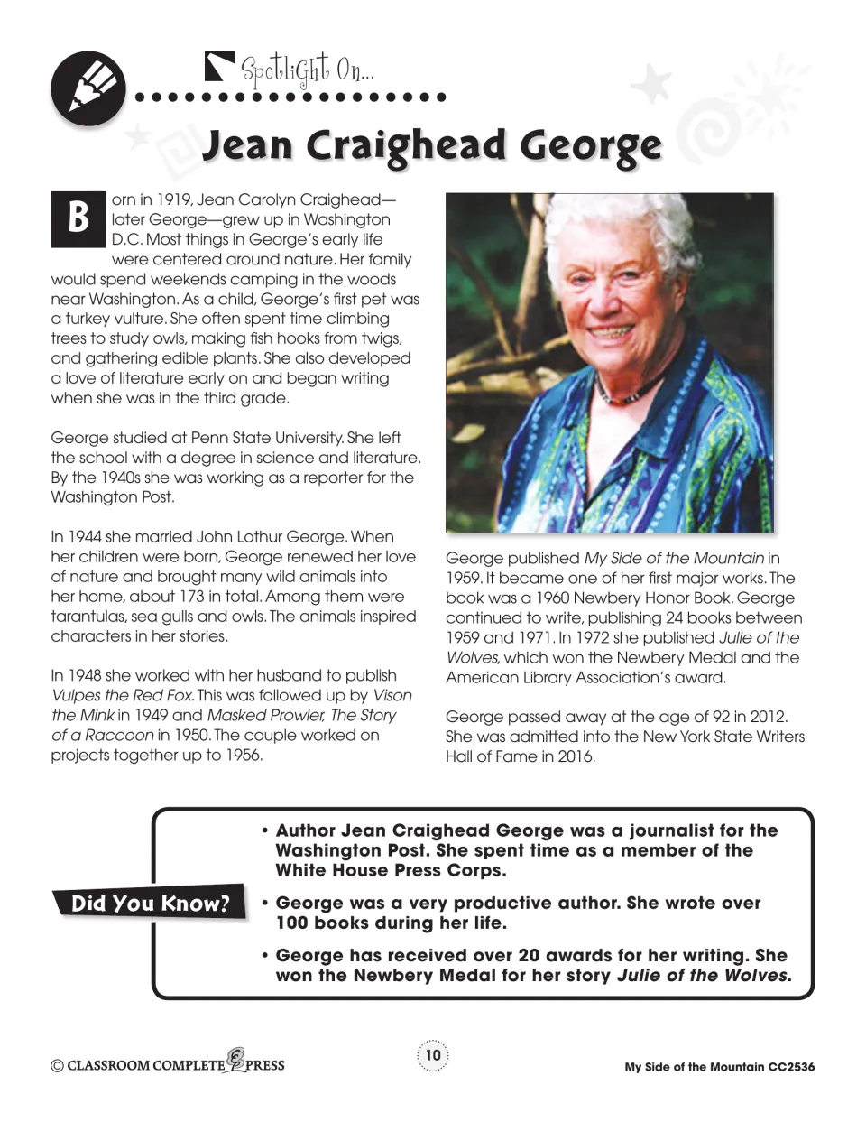 Student handout on author Jean Craighead George: her nature-filled childhood, career and 1960 Newbery Honor