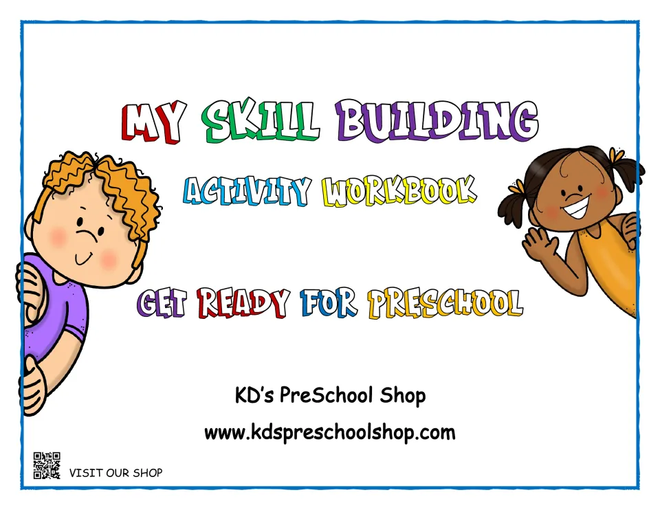 My Skill Building Activity Workbook cover: Get Ready for Preschool, from KD's PreSchool Shop, with two cartoon children