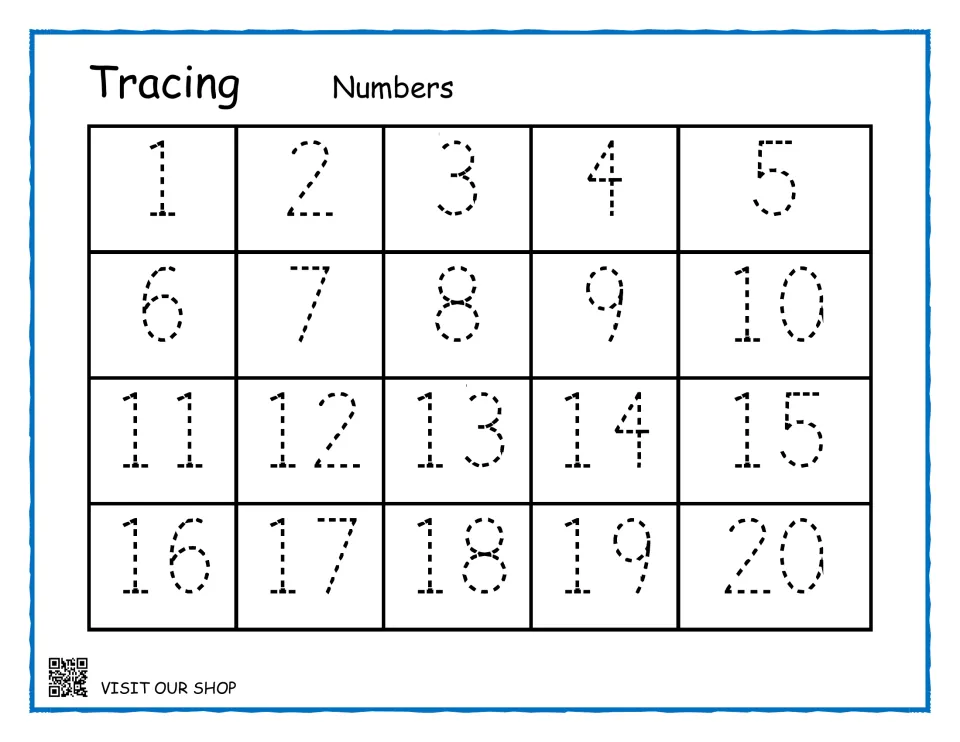 Tracing numbers 1 to 20: children trace each dotted numeral in order to practise number formation and writing
