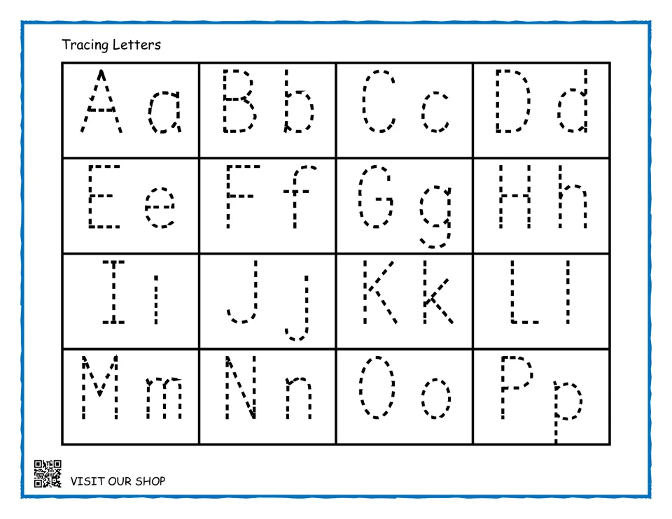 Tracing letters Aa to Pp: children trace dotted uppercase and lowercase pairs to practise letter formation