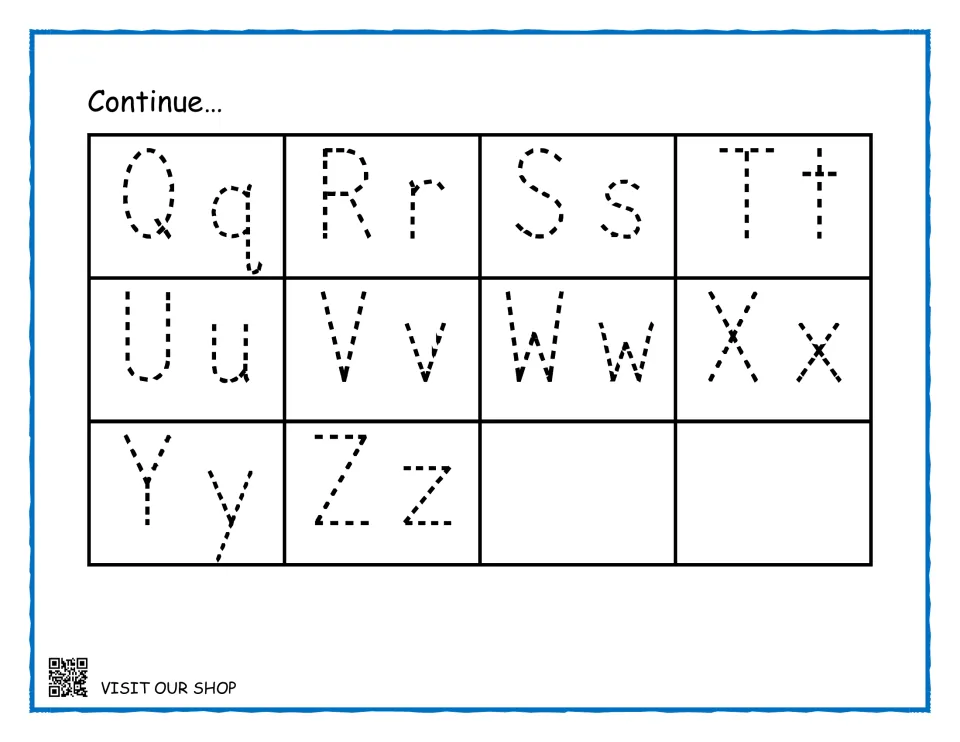 Letter tracing continued, Qq to Zz: children trace dotted capital and small letter pairs to finish the alphabet