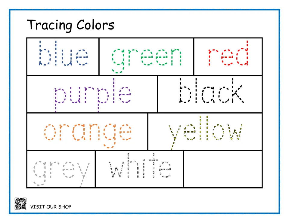 Tracing color words: children trace blue, green, red, purple, black, orange, yellow, grey and white in matching colors