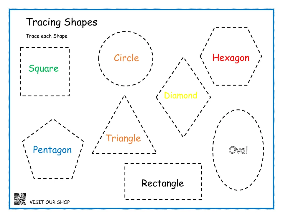 Tracing shapes: children trace a dotted square, circle, hexagon, diamond, triangle, pentagon, oval and rectangle