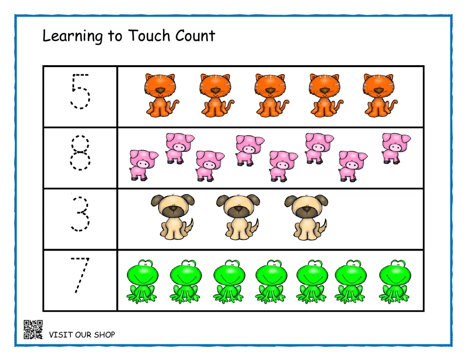 Touch counting: children touch and count 5 cats, 8 pigs, 3 dogs and 7 frogs, then trace each matching numeral
