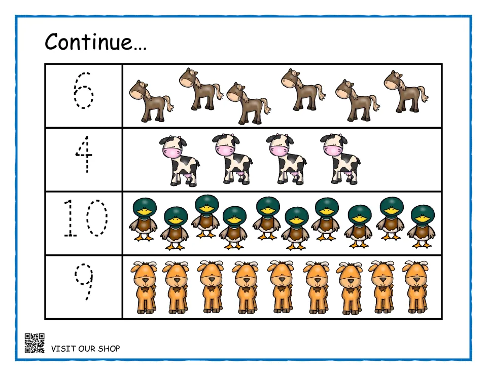 Touch counting continued: children count 6 horses, 4 cows, 10 ducks and 9 small animals and trace each matching numeral