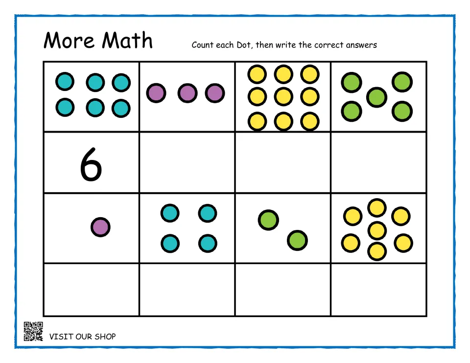 More Math dot counting: children count each set of colored dots and write the number below, with 6 done as an example
