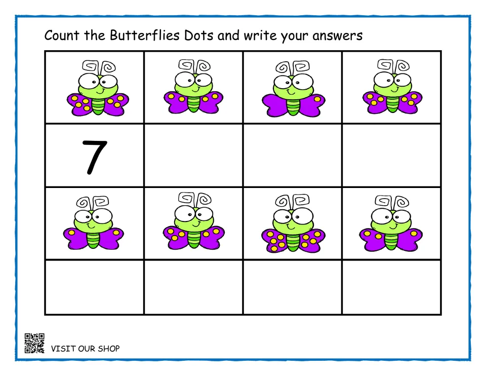 Counting butterfly dots: children count spots on each of 8 butterflies' wings and write the number, 7 shown first