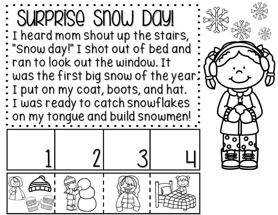 Surprise Snow Day! story sequencing: students read the passage, then cut and glue 4 pictures into order 1 to 4