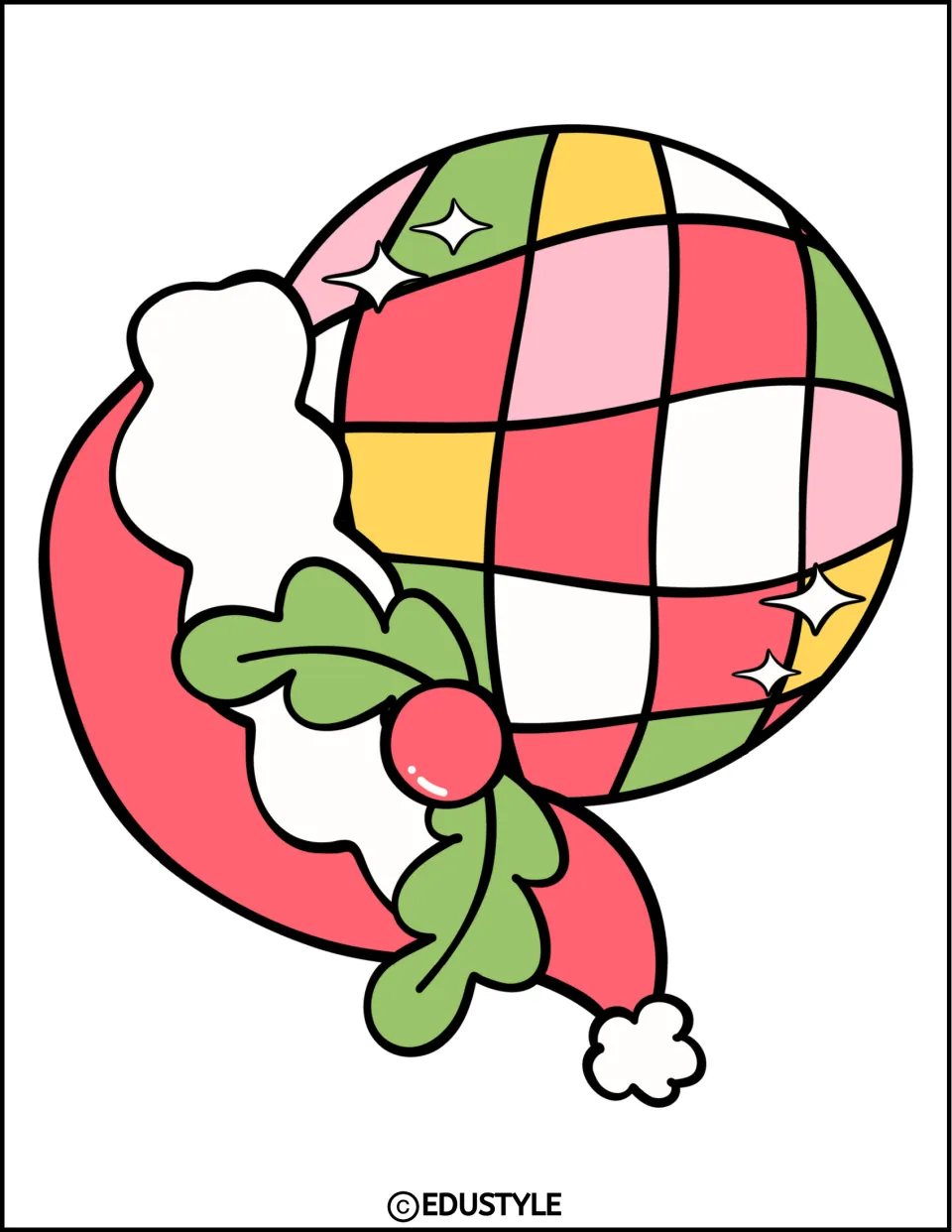 Large tilted Christmas disco ball cutout with a Santa hat hanging down the left side for the display