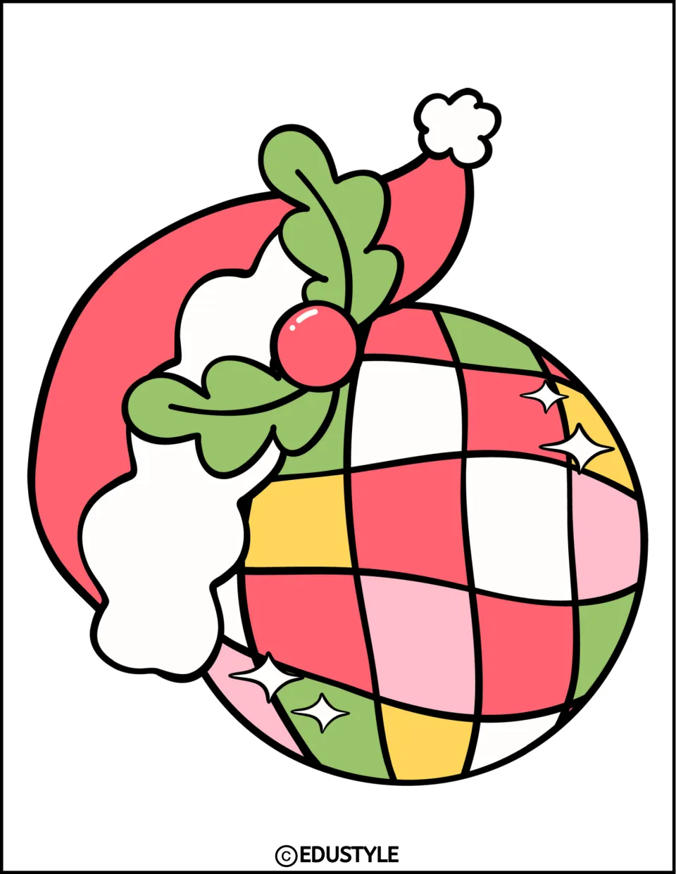 Large tilted Christmas disco ball cutout with a Santa hat pointing upward for the bulletin board or door