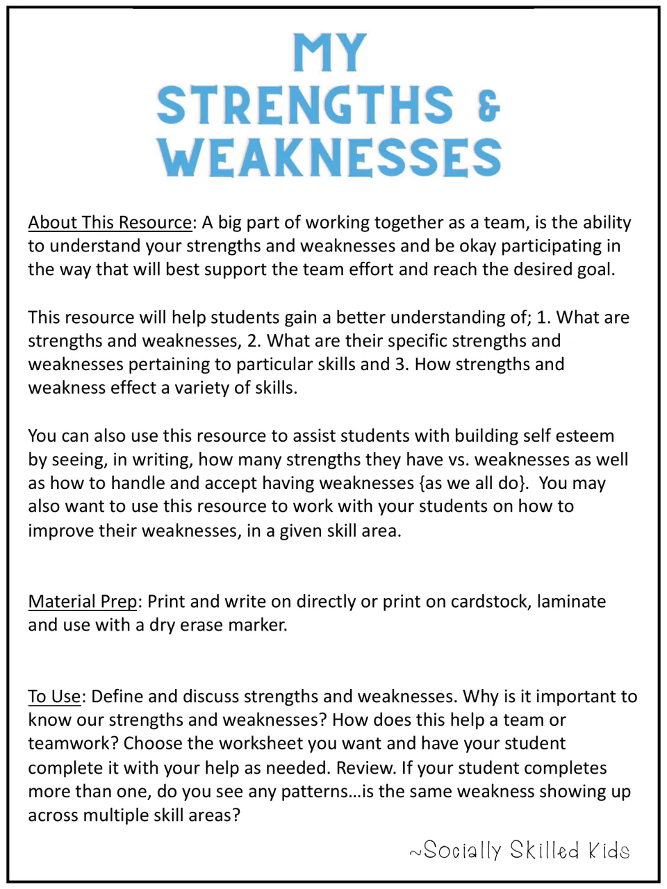 My Strengths & Weaknesses title page with teacher notes on its purpose, dry-erase material prep and discussion steps