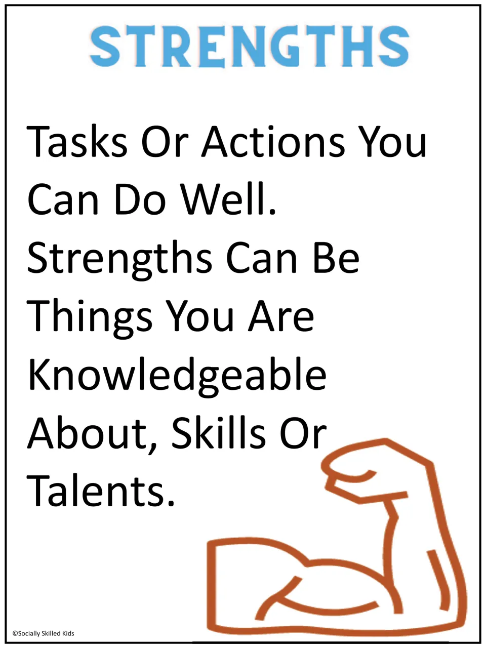 Strengths definition poster: tasks or actions you can do well, things you know about, skills or talents, beside a flexed arm