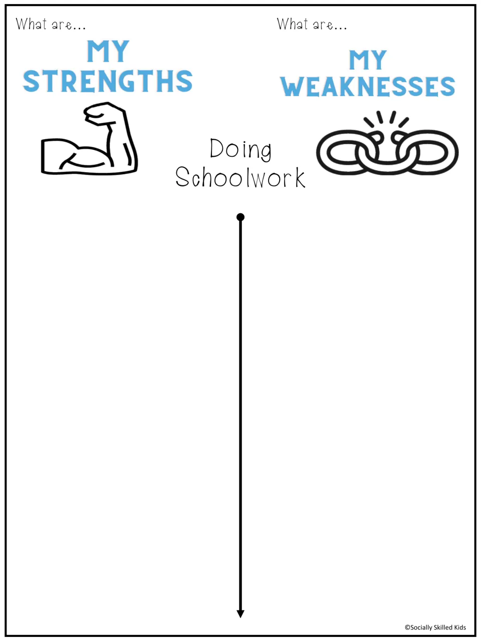 Doing schoolwork self-reflection: students list what they do well at school under a flexed arm and what is hard under a chain