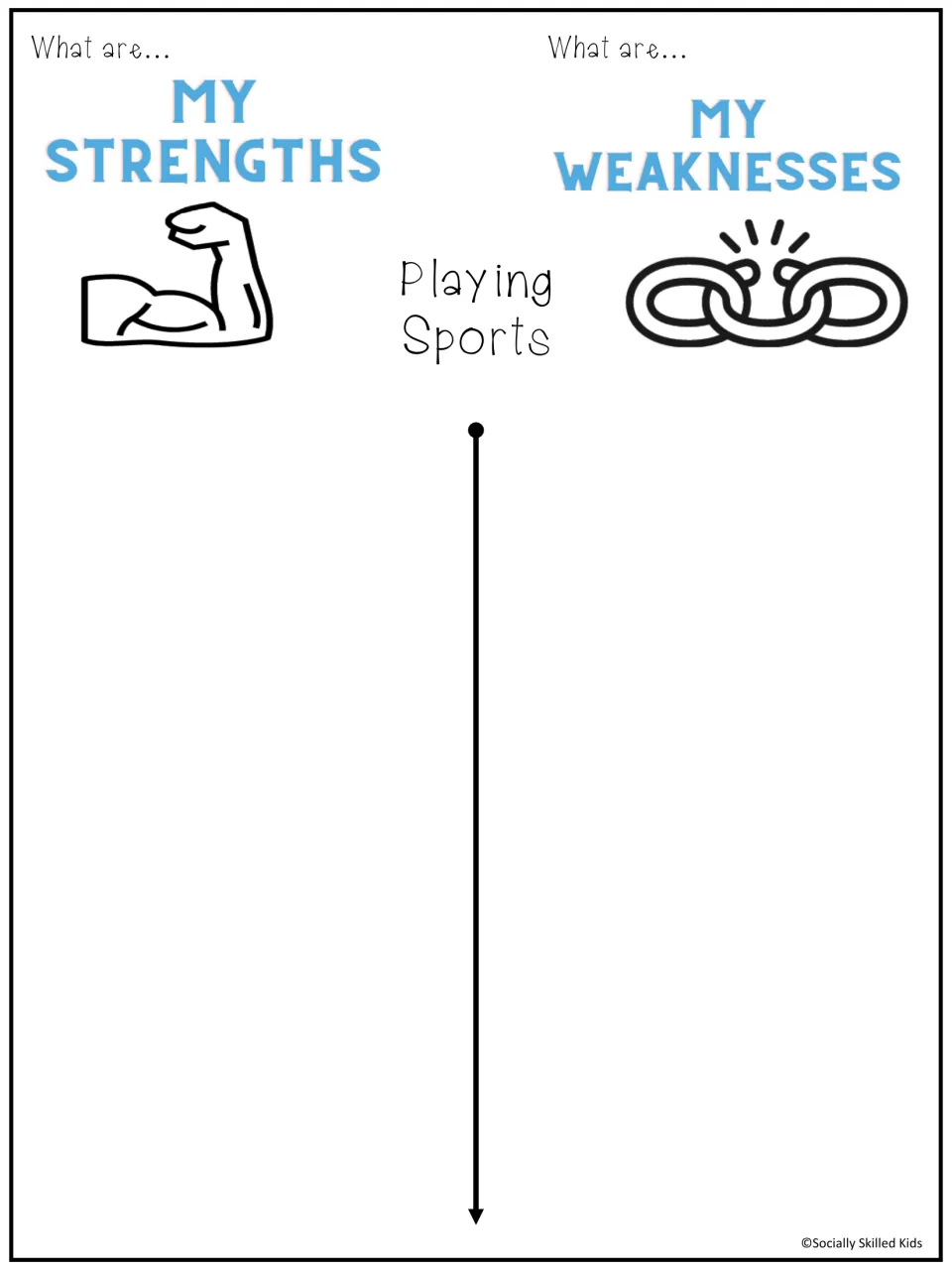 Playing sports self-reflection: students write their strengths in sports under a flexed arm and weaknesses under a chain