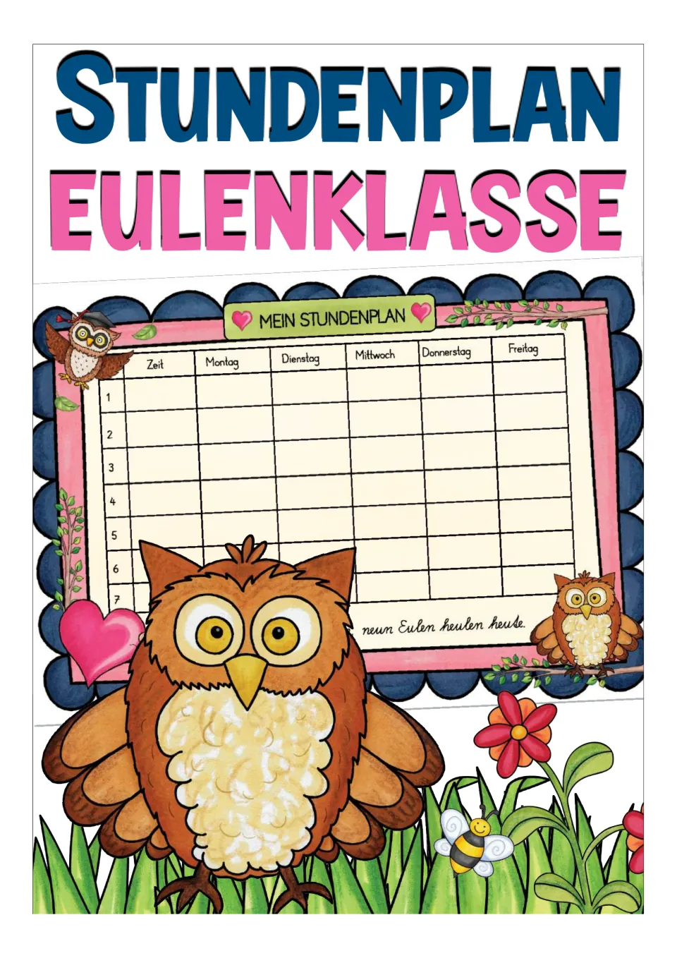 Cover of the German class planner titled 'Stundenplan Eulenklasse' (Owl Class Schedule), showing a sample.