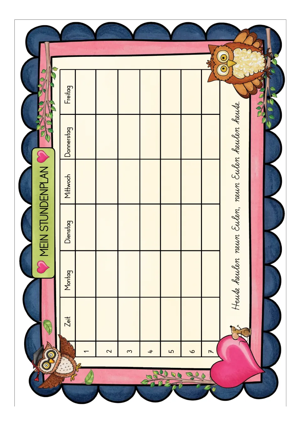 Color German class schedule labeled 'Mein Stundenplan' (My Schedule), with Monday–Friday and periods 1–7.