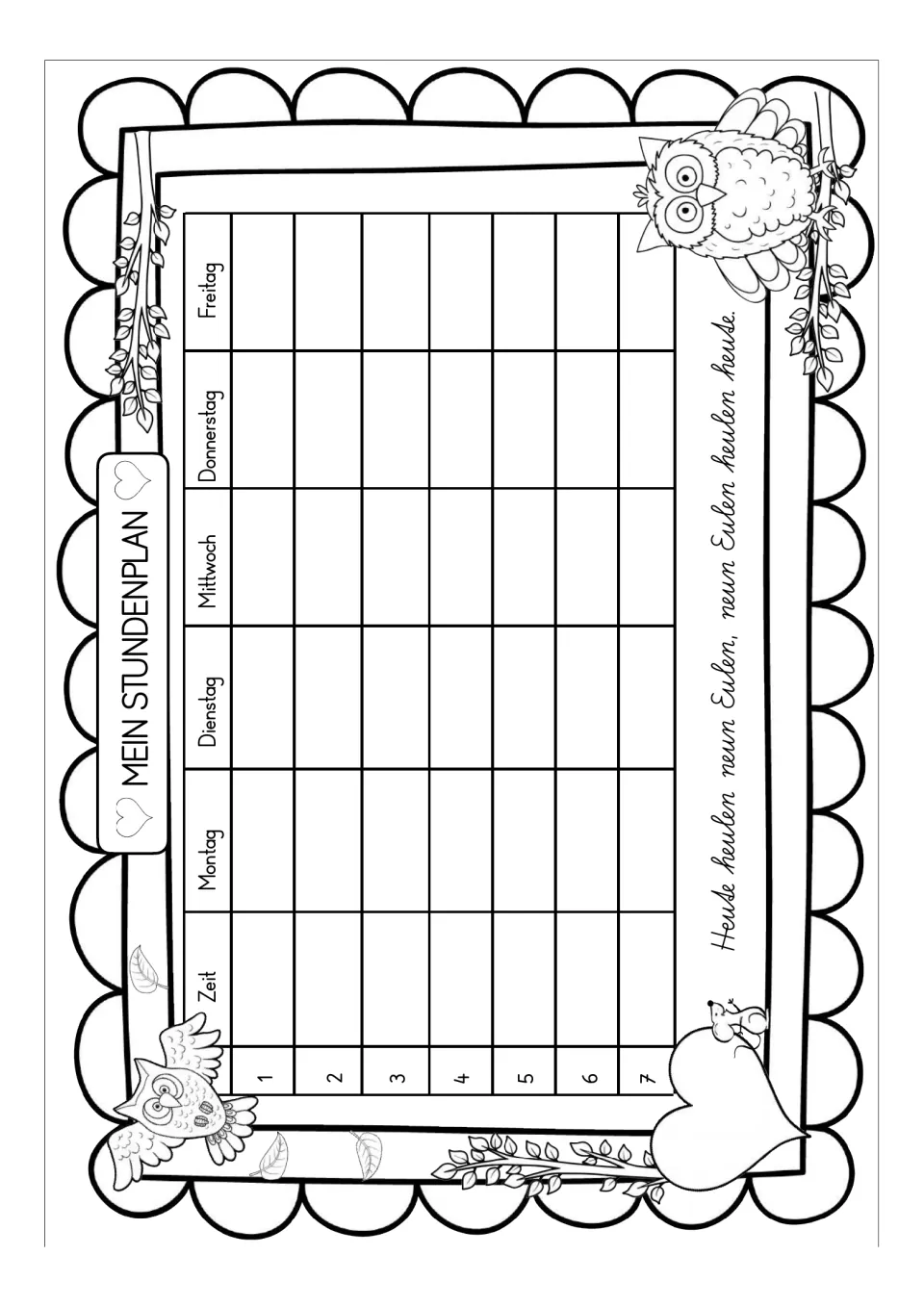 Black-and-white German class schedule titled 'Mein Stundenplan' (My Schedule), with weekdays and periods 1–7.