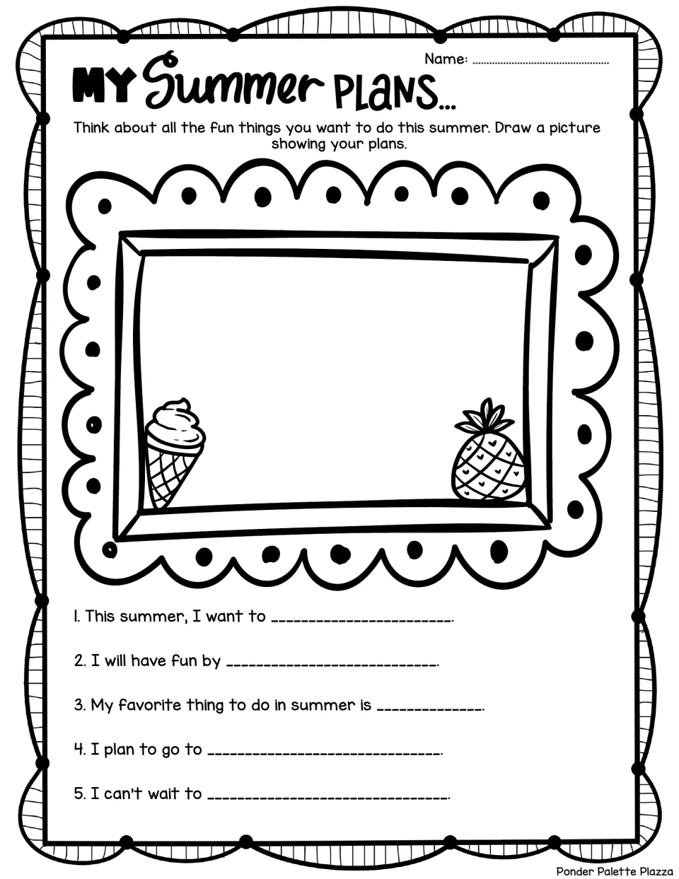 Summer plans drawing and writing: students draw their plans, then finish 5 sentence starters like I plan to go to