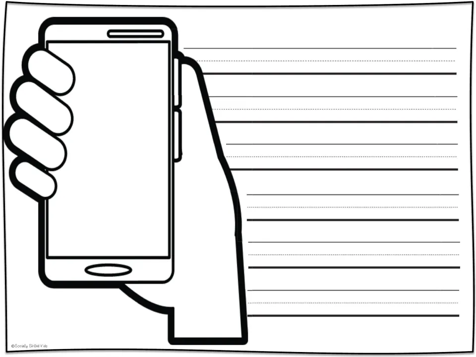 Blank summer selfie: students draw a moment on the phone screen held in a hand and write about it on handwriting guides