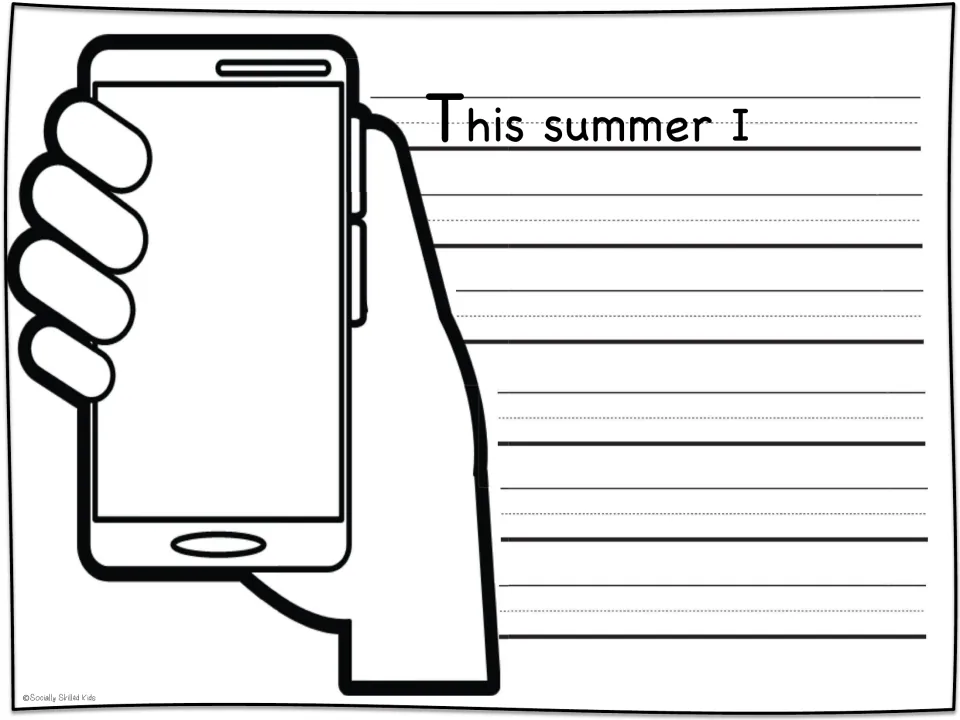 'This summer I' sentence starter: students draw a summer moment in the phone and finish the sentence on ruled guides