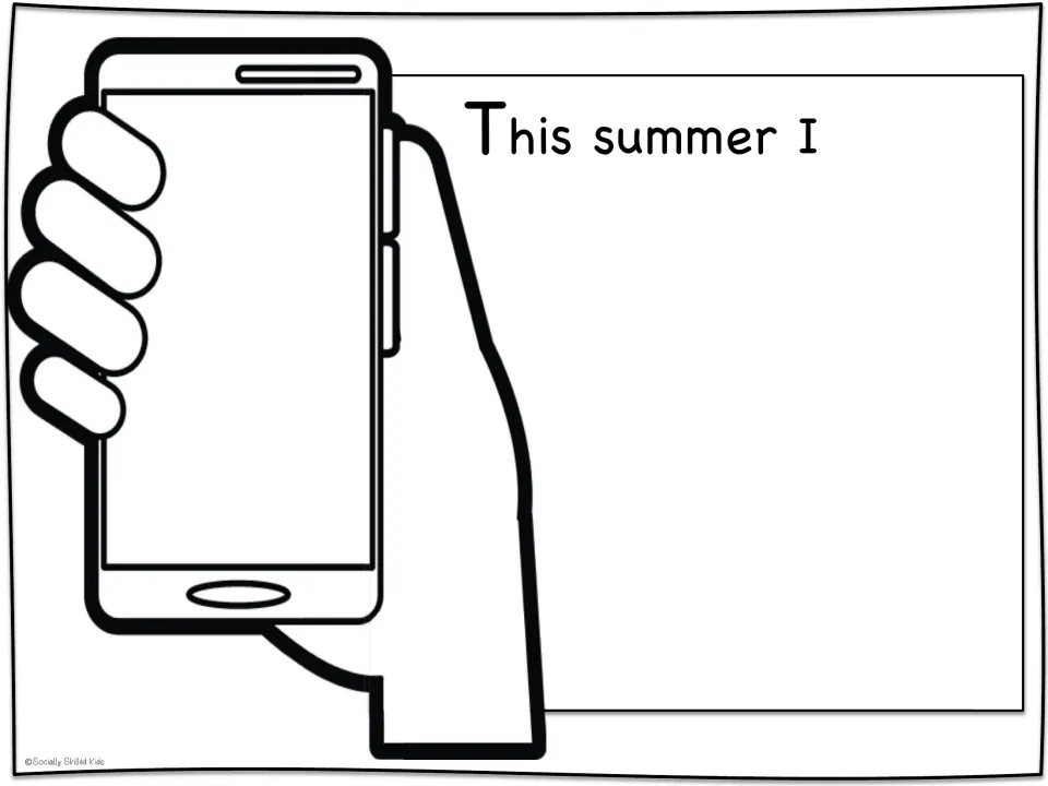 'This summer I' prompt by a blank phone: students draw a summer moment and complete the sentence in open unruled space
