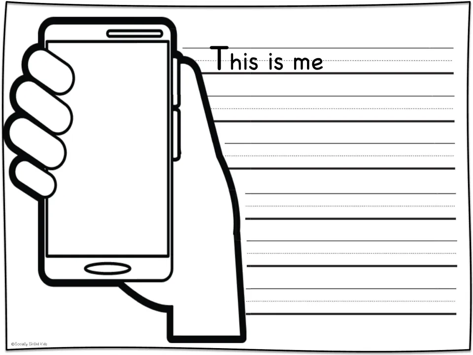 'This is me' self-portrait prompt: students draw themselves in the phone screen and describe the picture on ruled guides