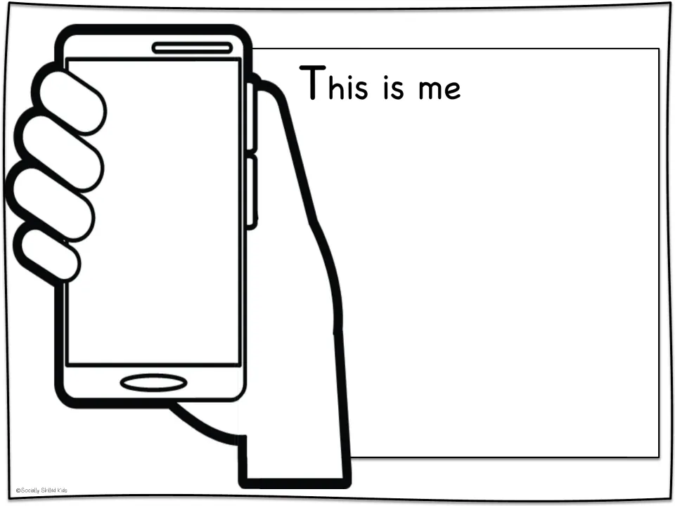 'This is me' prompt by a blank phone: students draw a selfie and write about themselves in open unruled space
