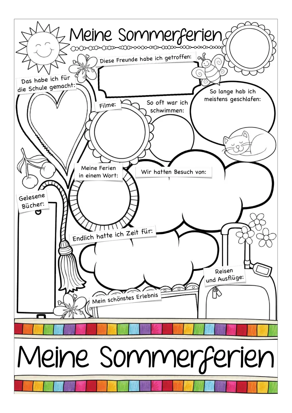 Cover for the German summer reflection worksheet, showing prompts about friends, movies, sleep, and trips.