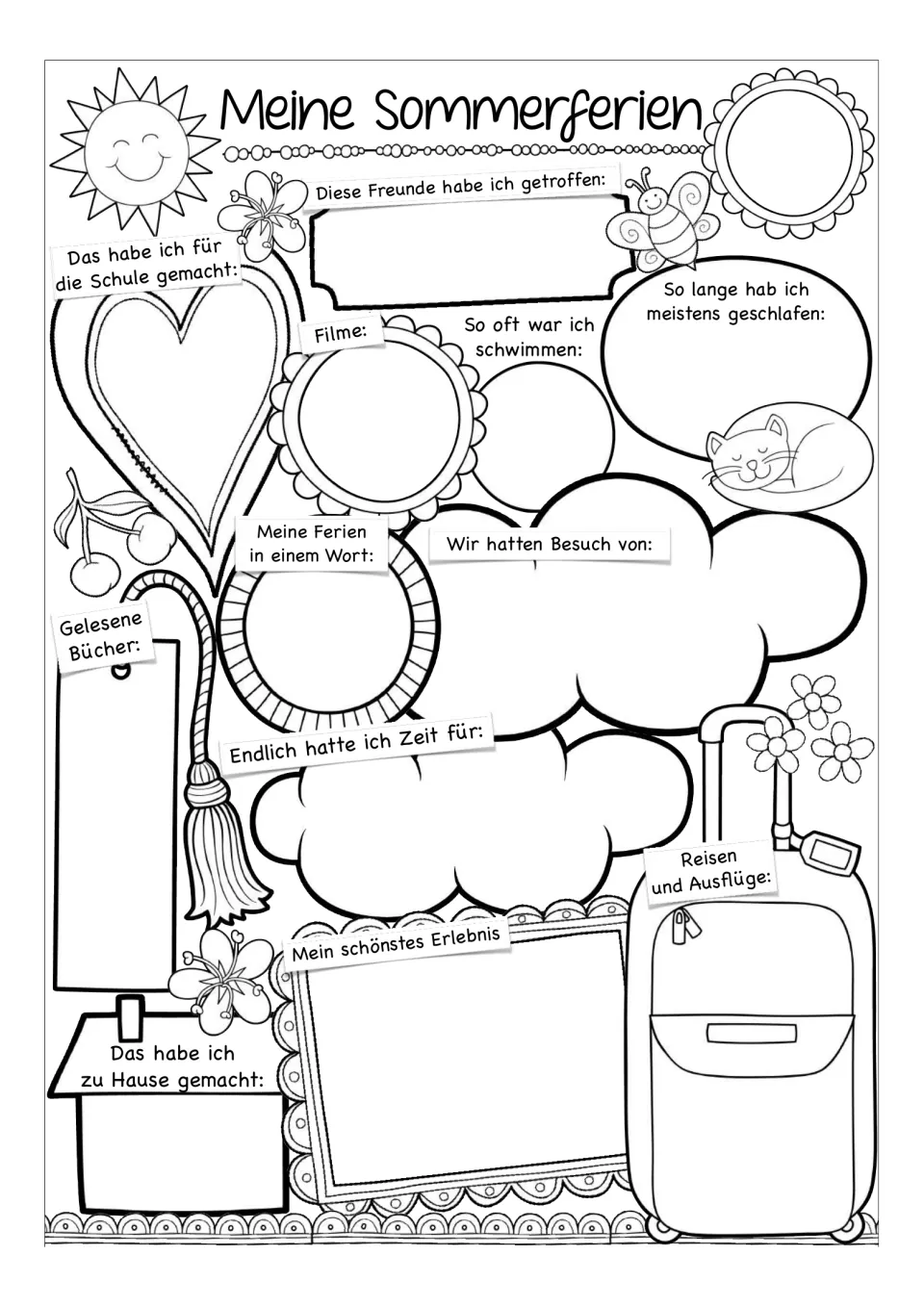 German summer reflection worksheet: prompts about books, friends, swimming, visitors, trips, and time at home.