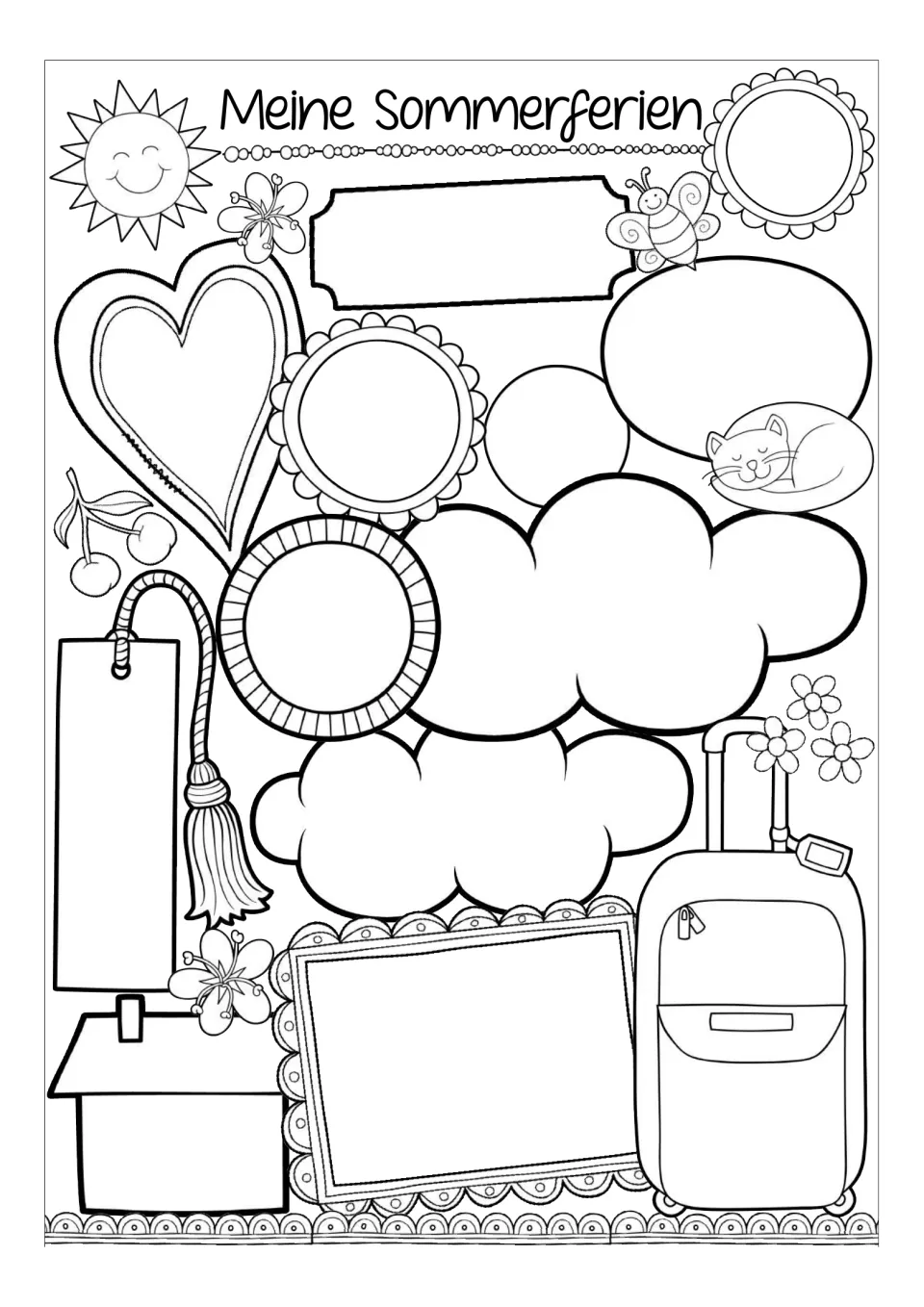 Blank summer reflection template headed 'Meine Sommerferien' (My Summer Vacation), without written prompts.