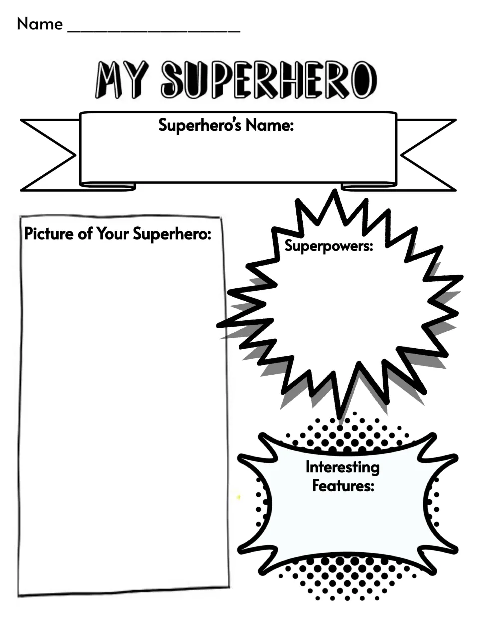 Superhero design organizer: students name their hero, draw a picture, and list superpowers and interesting features